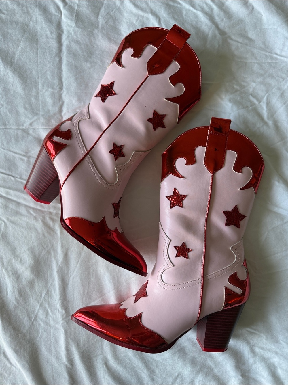 Nasty Gal Pink Western Boots with Red Metallic Star Accents - Picture 1 of 6